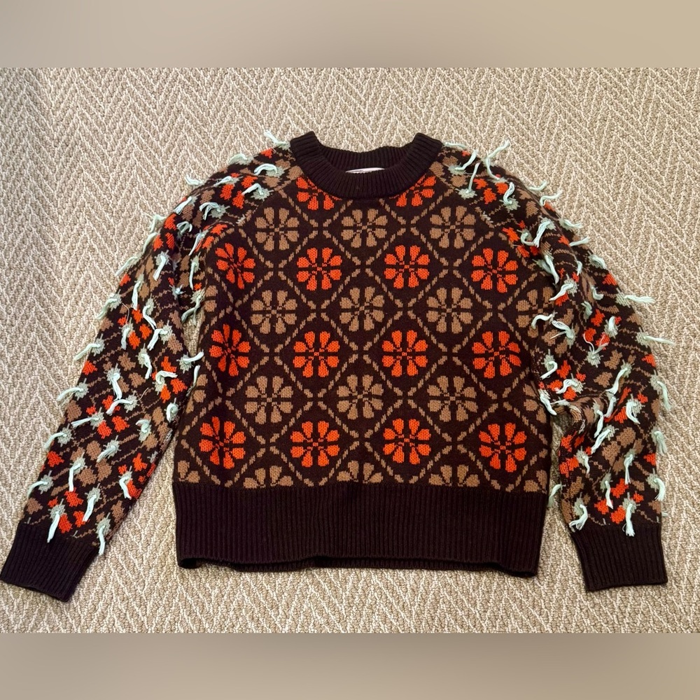 Lingua Franca Textured Brown, Orange and Beige Crewneck  Sweater